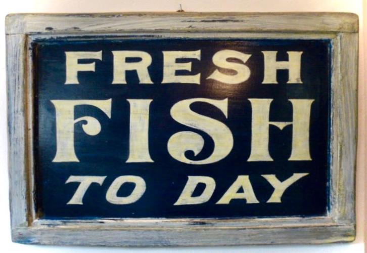 Handgeschilderd Fresh Fish bord / vis winkel / seafood, Huis en Inrichting, Woonaccessoires | Wanddecoraties, Zo goed als nieuw