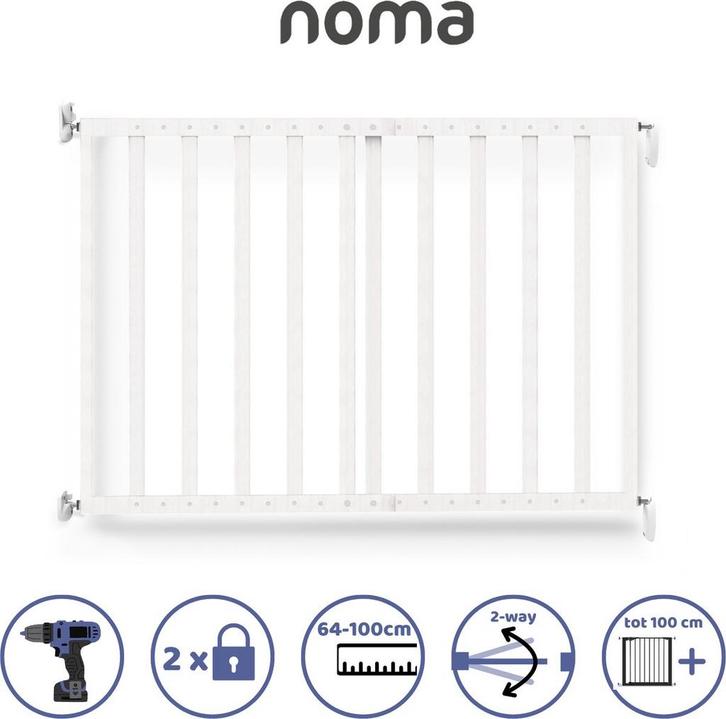 Noma Houten Uitschuifbaar Schroefhekje 64-100cm - Wit, Kinderen en Baby's, Traphekjes, Gebruikt, Schroefhekje, Hout, minder dan 100 cm