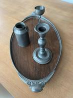 Dienblad met tinnen afwerkingen en 3 tinnen items, Antiek en Kunst, Antiek | Tin, Ophalen of Verzenden