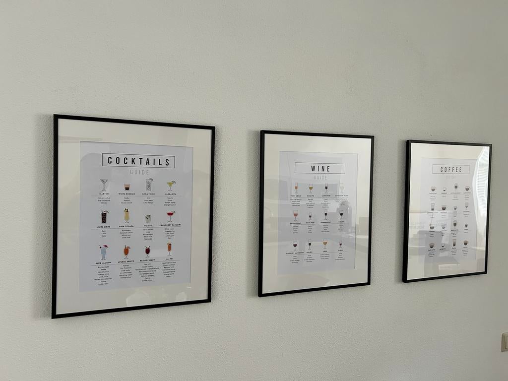 3x lijst 60x40cm met 3 posters (koffie, cocktails, wijn), Overige materialen, Minder dan 50 cm, 50 tot 75 cm, Ophalen of Verzenden
