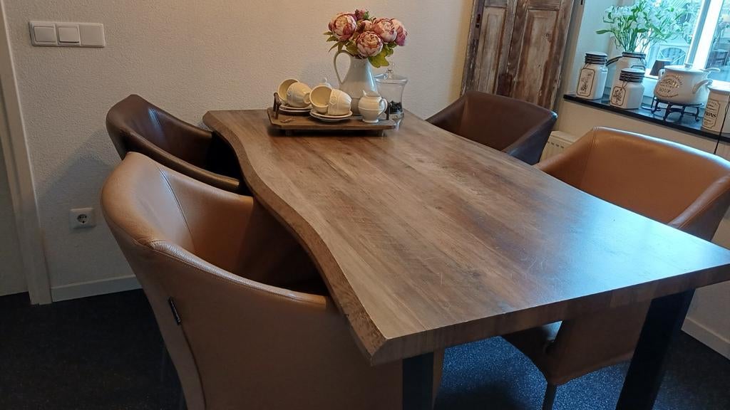 6 Mooie leren stoelen (beige en bruin), Ophalen, Gebruikt, Bruin, Leer
