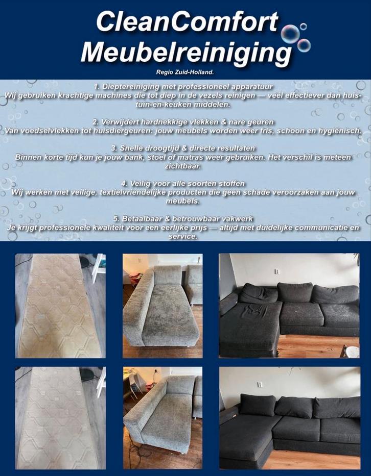 Meubelreiniging aan huis - Den Haag e.o., Huis en Inrichting, Banken | Bankstellen, Gebruikt, Hoekbank, Vierpersoons of meer, 250 tot 300 cm