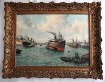 Groot schilderij havengezicht, olieverf op doek, gesigneerd. beschikbaar voor biedingen