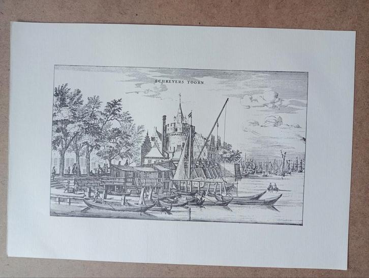 Oude Prent Schreierstoren Amsterdam Gravure, Antiek en Kunst, Kunst | Etsen en Gravures, Ophalen of Verzenden