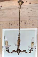 Antieke koperen 3 armige lamp met kristallen pegels, Antiek en Kunst, Ophalen