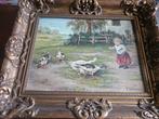 Oude schilderij met meisje en ganzen € 80.00, Ophalen of Verzenden