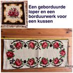 Vintage geborduurde loper en kussen, Ophalen of Verzenden, Gebruikt, Rechthoek, Binnen