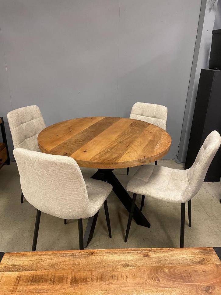 VOORRAAD MANGO RONDE TAFEL 4 STOELEN ZONDER ARM ! 349 SALE, Huis en Inrichting, Stoelen, Nieuw, Vier, Hout, Metaal, Bruin, Ophalen