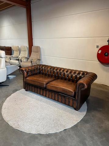 Antiek bruin chesterfield bank bankstel leer 3 zits vintage beschikbaar voor biedingen