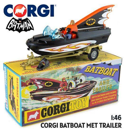 CORGI BATBOAT MET TRAILER EN BATMAN EN ROBIN (CLASSIC) 1:46, Hobby en Vrije tijd, Modelauto's | 1:43, Nieuw, Auto, Corgi, Ophalen of Verzenden