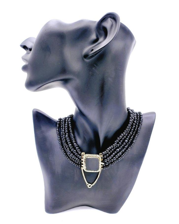 Gitten ketting met zilveren slot met Onyx, 38-40 cm, Sieraden, Tassen en Uiterlijk, Antieke sieraden, Ketting, Zilver, Met edelsteen