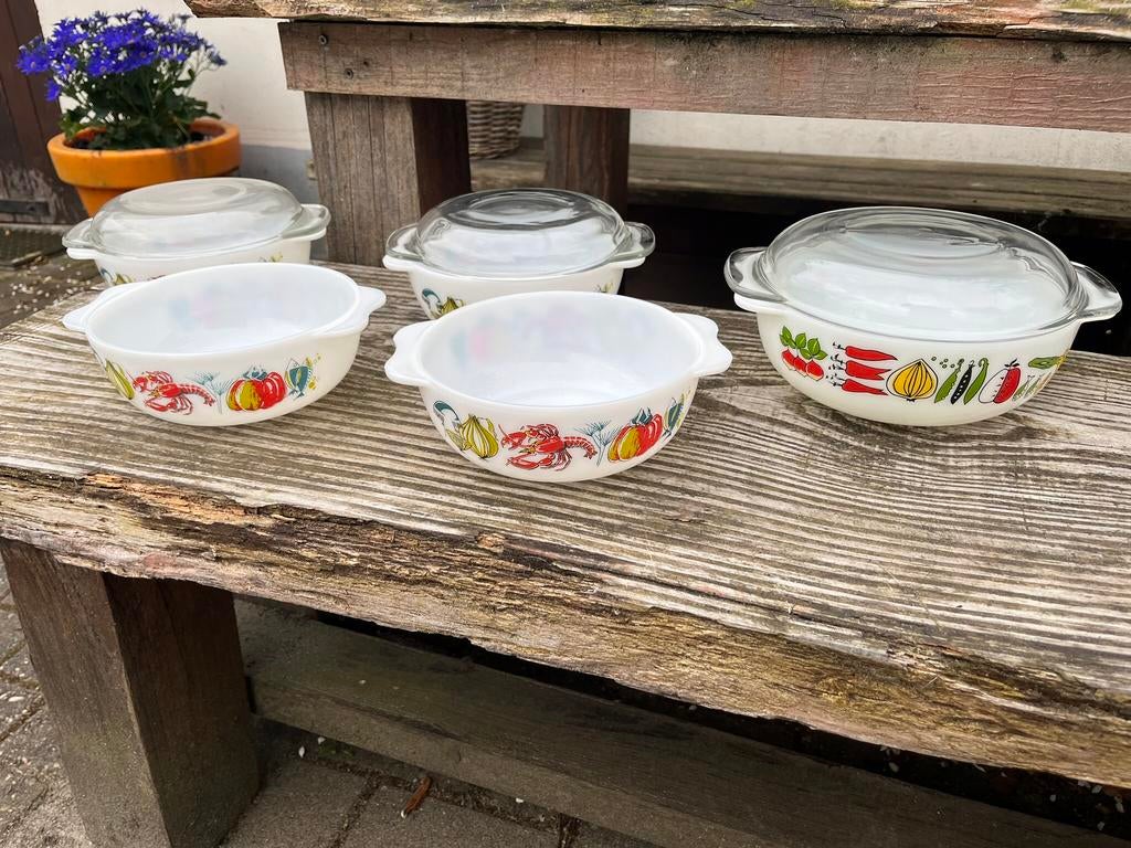 5 Retro schalen pyrex JAJ met/ zonder deksel vintage €50, Ophalen of Verzenden, Huis en Inrichting
