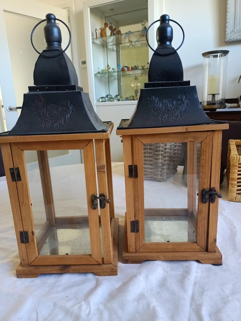 Set van 2 houten lantaarns met metalen dak, Ophalen of Verzenden, Gebruikt, Landelijk, Rustiek