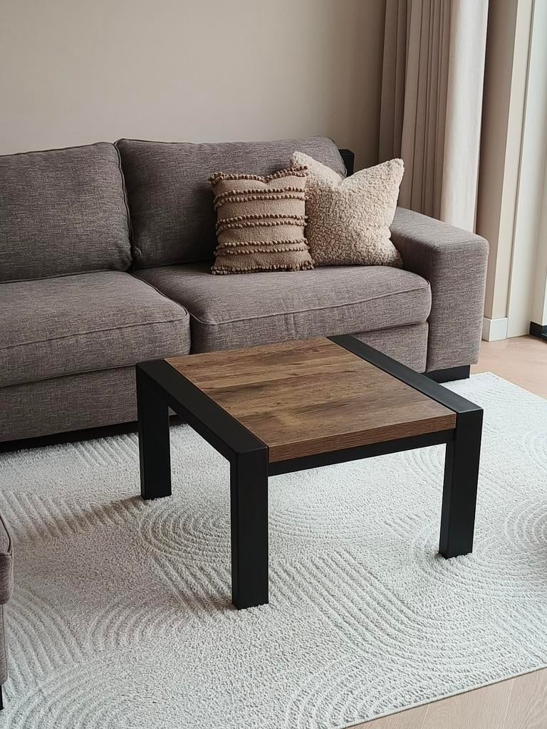 Zwart stalen salontafel met houtfineer 67x67, Huis en Inrichting, Tafels | Salontafels, Ophalen, 100 tot 150 cm, 50 tot 100 cm