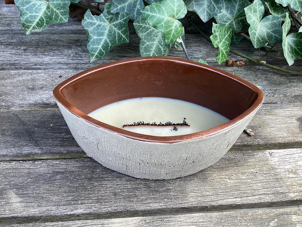 Gebruikte kaars van Woodwick in aardewerke pot, Ophalen of Verzenden, Gebruikt, Overige materialen, Minder dan 25 cm