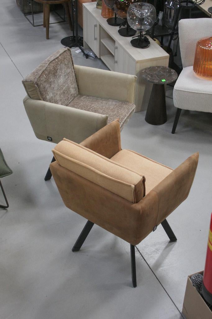 2 luxe eetkamerstoelen armleuningen draaibaar leer & stof, Ophalen, Twee, Overige kleuren, Zo goed als nieuw