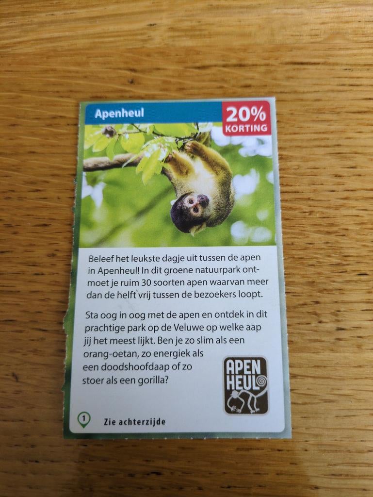 Kortingsbon voor Apenheul 20 %, Eén persoon, Kortingskaart