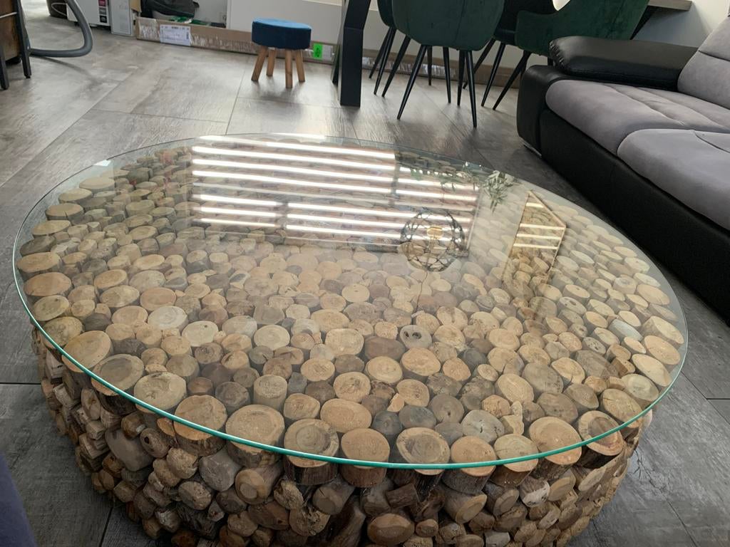 Prachtige ronde salontafel van glas en hout, Huis en Inrichting, Tafels | Salontafels, Gebruikt, 100 tot 150 cm, Rond, Ophalen of Verzenden