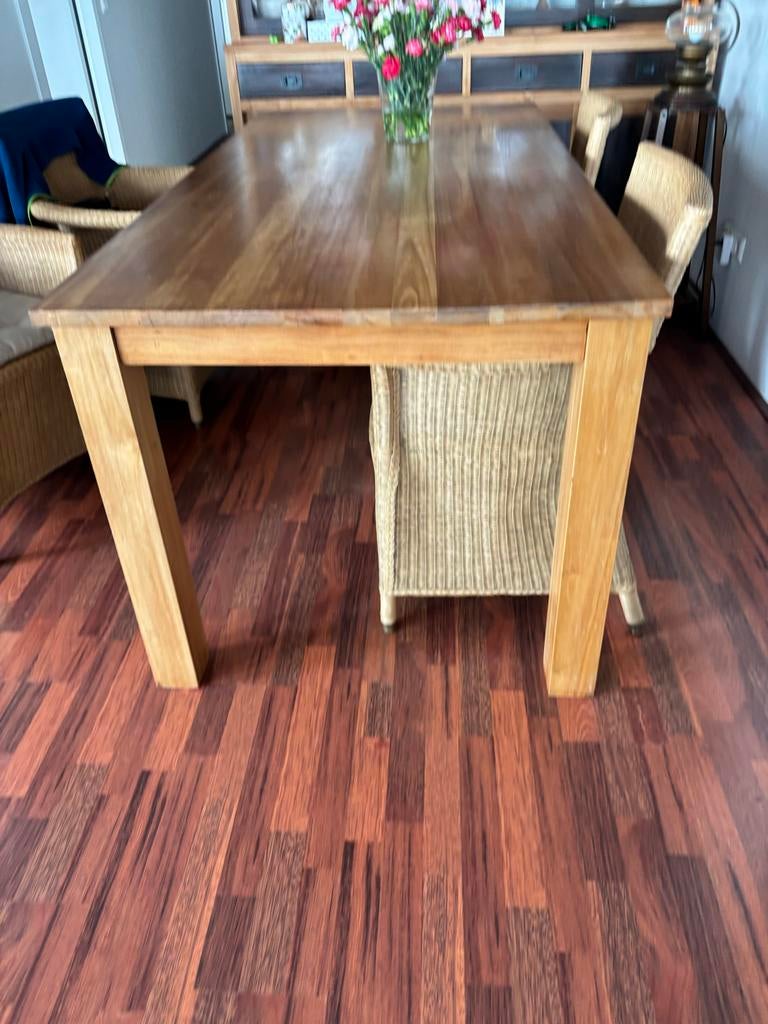 Eethoek teaken tafel met rotan stoelen, Huis en Inrichting, Tafels | Eettafels, Ophalen, Gebruikt, Teakhout, 50 tot 100 cm