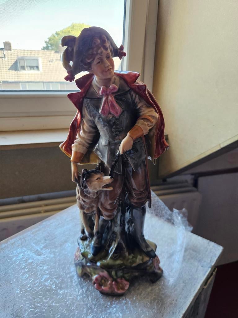 Vintage Porseleinen Beeldje: Jager met Hond, Ophalen of Verzenden, Gebruikt, Mens