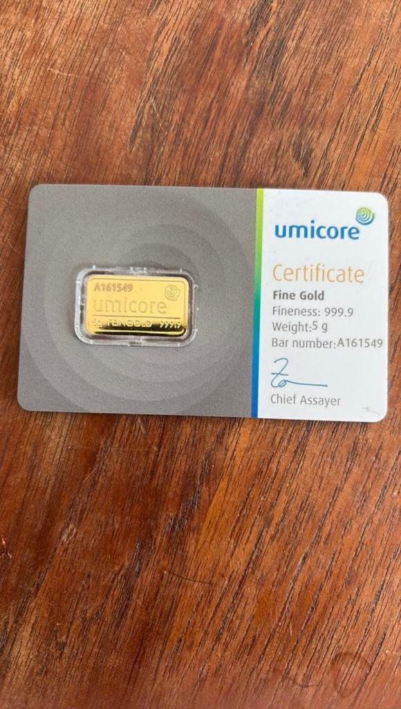 Umicore goudbaar 5 gram, Postzegels en Munten, Edelmetalen en Baren, Ophalen of Verzenden, Goud