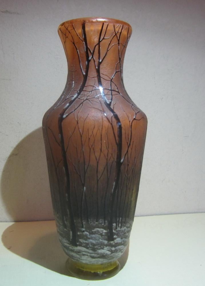 Cameo glazen Daum Nancy vaasje sneeuwlandschap ca 1910, Antiek en Kunst, Antiek | Glas en Kristal, Verzenden