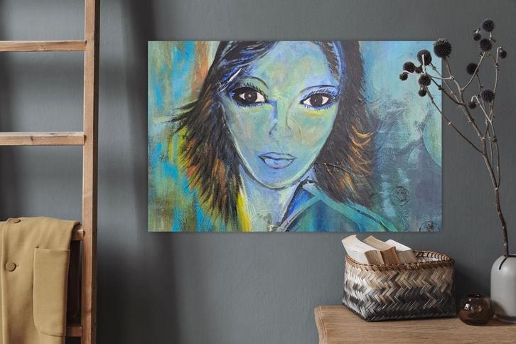 Acrylverf schilderij op linnen: Vrouwelijk Portret, Antiek en Kunst, Kunst | Schilderijen | Modern, Ophalen of Verzenden