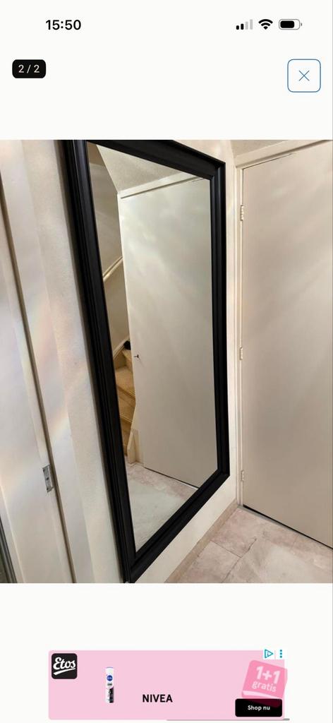 Zwarte spiegel met brede lijst, Minder dan 50 cm, Gebruikt, 100 tot 150 cm, Ophalen of Verzenden