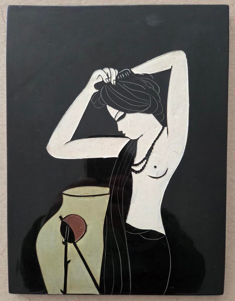 Vrouw. Naakt. Lakschikderij op hout. Gegraveerd. Vietnam?, Ophalen of Verzenden