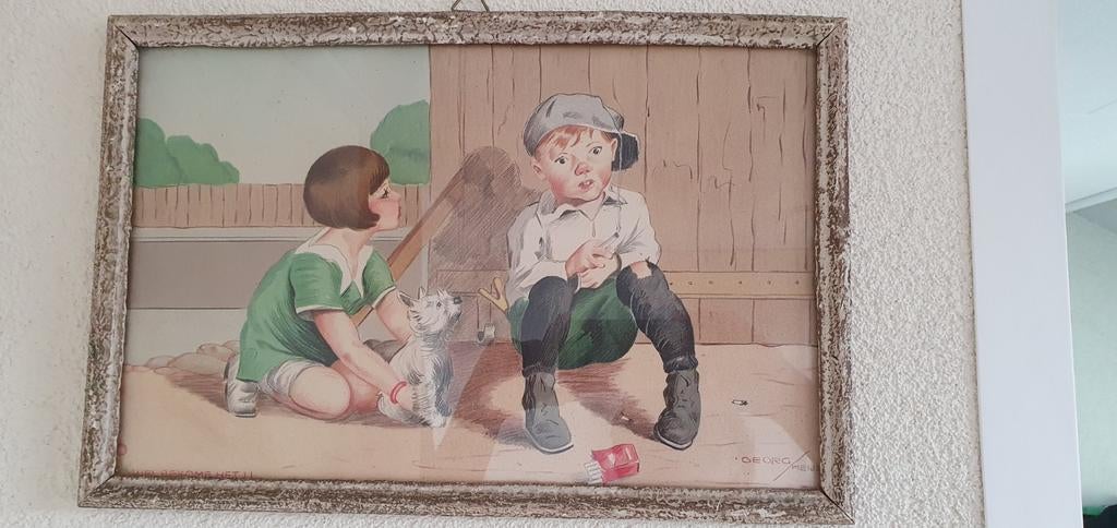 Aquarel George Meijer: Spelende Kinderen (40x28 cm), Antiek en Kunst, Kunst | Schilderijen | Klassiek, Ophalen of Verzenden