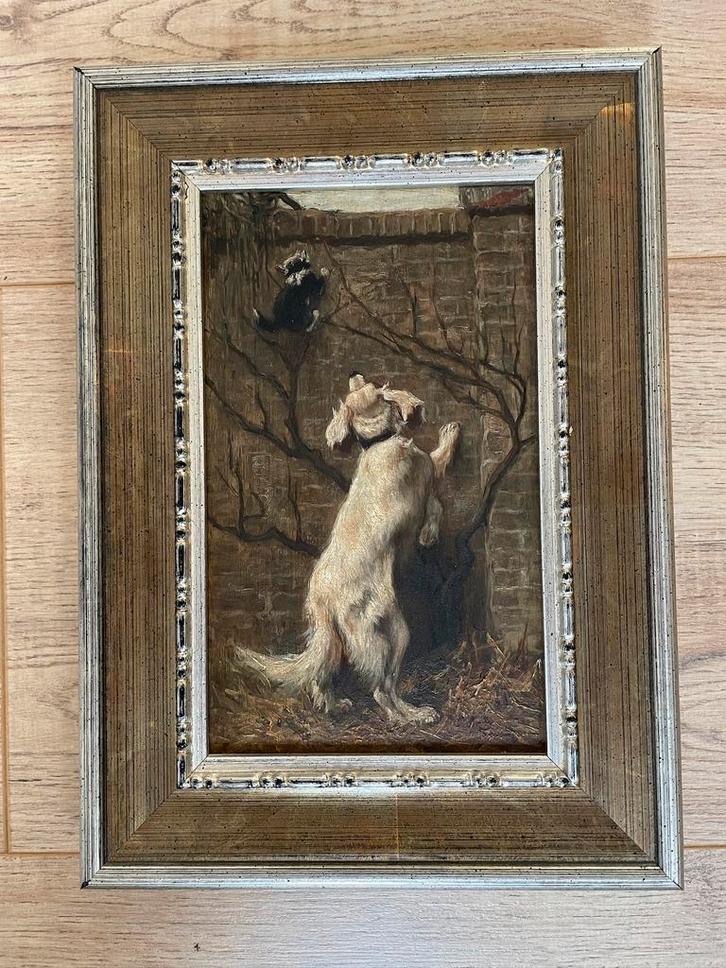 Schilderij Jan van Essen – hond in actie (olieverf) 23x13, Antiek en Kunst, Kunst | Schilderijen | Klassiek, Ophalen