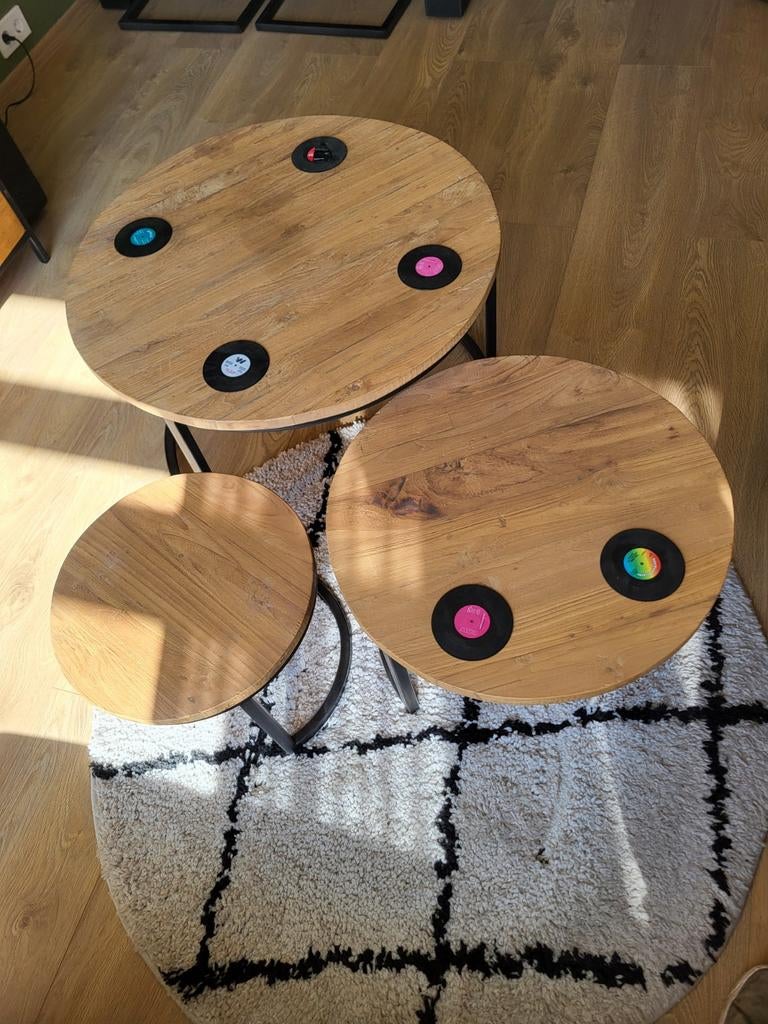 Set van 3 salontafels mix rough, Minder dan 55 cm, Gebruikt, Rond, Hout