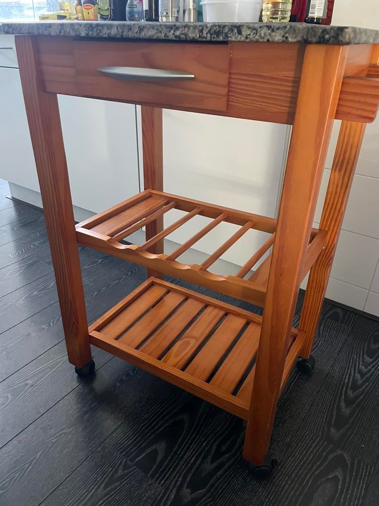 Prachtige hardhouten keukentrolley met granieten blad, Ophalen, 50 tot 100 cm, Zo goed als nieuw, Minder dan 100 cm