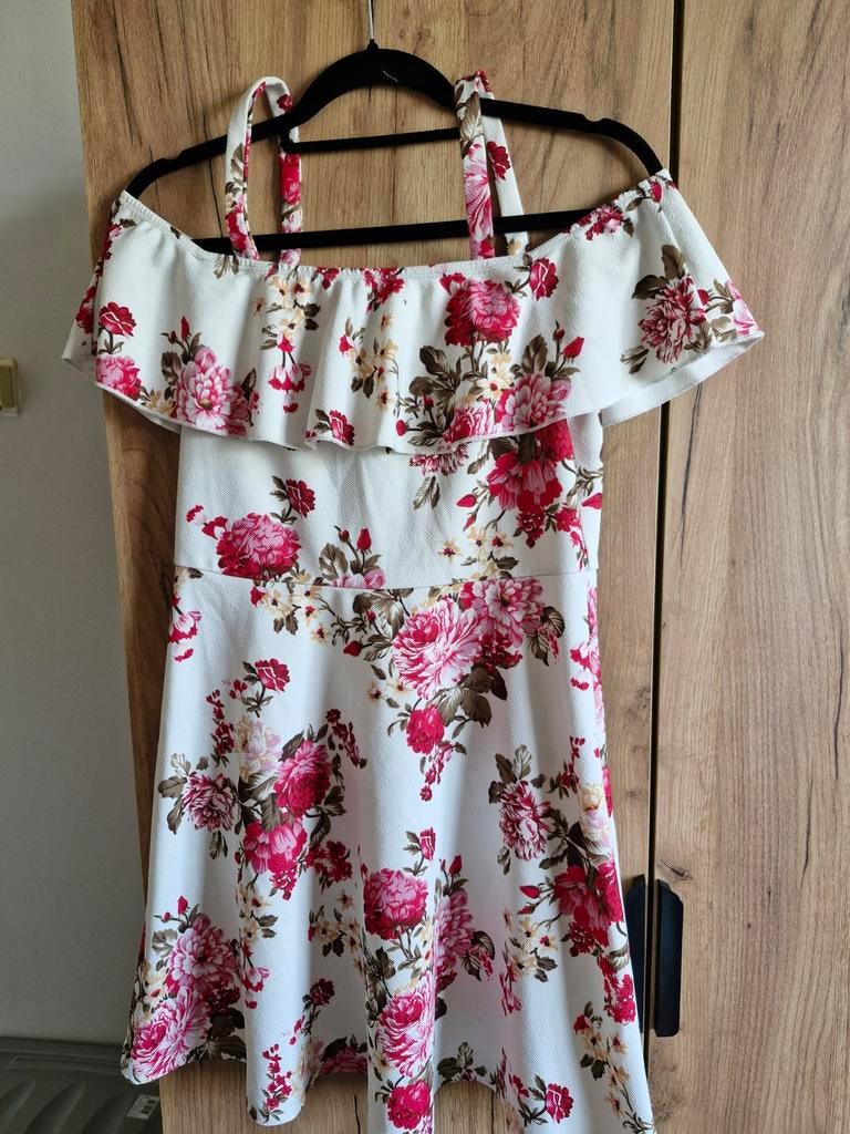 Shein Bloemen Off-Shoulder Jurk Maat L, Wit, Maat 42/44 (L), Ophalen of Verzenden, Zo goed als nieuw