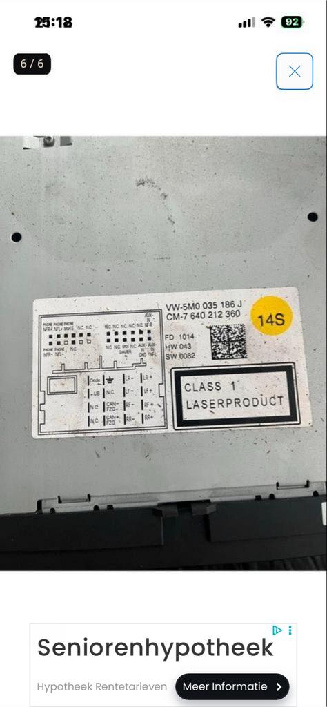 VW Radio Laag EU/GP+ UP2 BIX - 5M0 035 186 J, Auto diversen, Autoradio's, Ophalen of Verzenden, Gebruikt