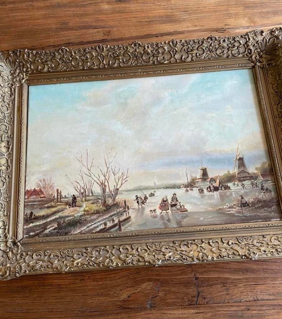 Antiek Hollands Winterlandschap Schilderij - Nic Meijers, Antiek en Kunst, Kunst | Schilderijen | Klassiek, Ophalen of Verzenden