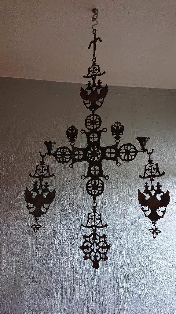 Byzantijnse kruis met dubbel koppige adelaar kandelaar, Antiek en Kunst, Antiek | Kandelaars, Koper of Brons, Ophalen