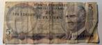 Turkse 5 Lira biljet - Atatürk, Ophalen of Verzenden, Overige landen, Los biljet