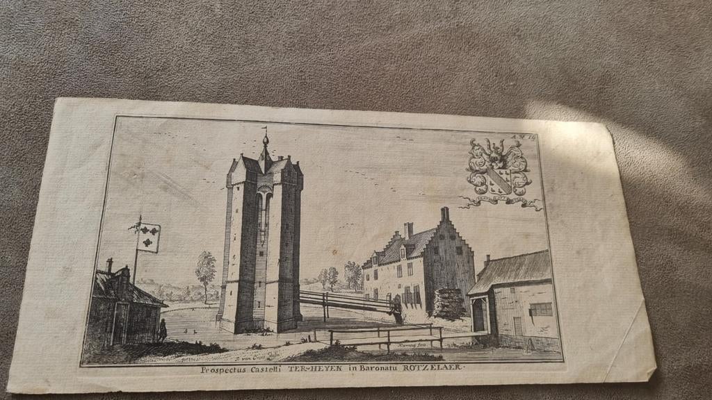 Antieke Gravure: Kasteel Ter Heyen, Baronie van Breda, Antiek en Kunst, Kunst | Etsen en Gravures, Architectuur, Ophalen of Verzenden