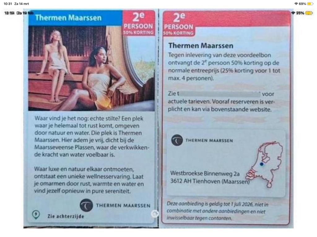 Kortingsbon voor sauna Thermen Maarssen (KWF), Tickets en Kaartjes, Twee personen, Kortingsbon, Spa of Sauna