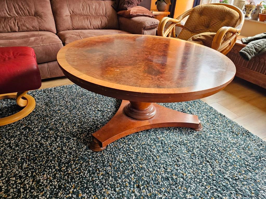 Ronde salontafel met wortelnoten blad, Ophalen, Gebruikt, 50 tot 100 cm, Klassiek