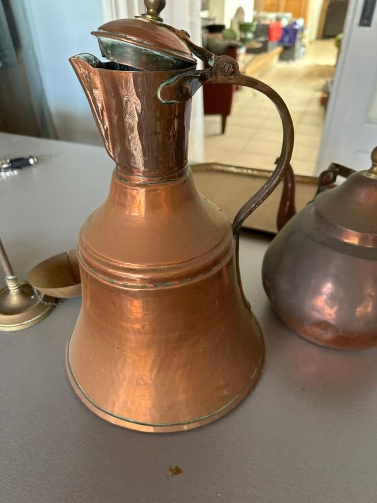 koperen kan, dienblad, weegschaal en ketel, Antiek en Kunst, Antiek | Koper en Brons, Ophalen, Koper