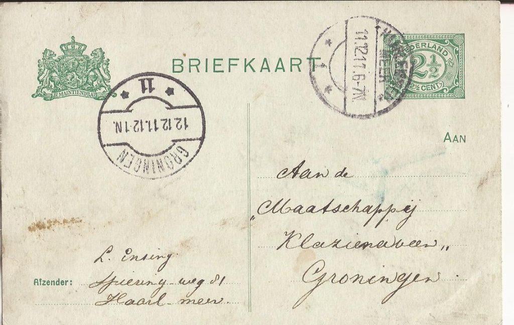 HAARLEMMERMEER 1911 L. ENSING Spieringweg 81 over turfbalen, Ophalen of Verzenden, Voor 1920, Gelopen, Noord-Holland