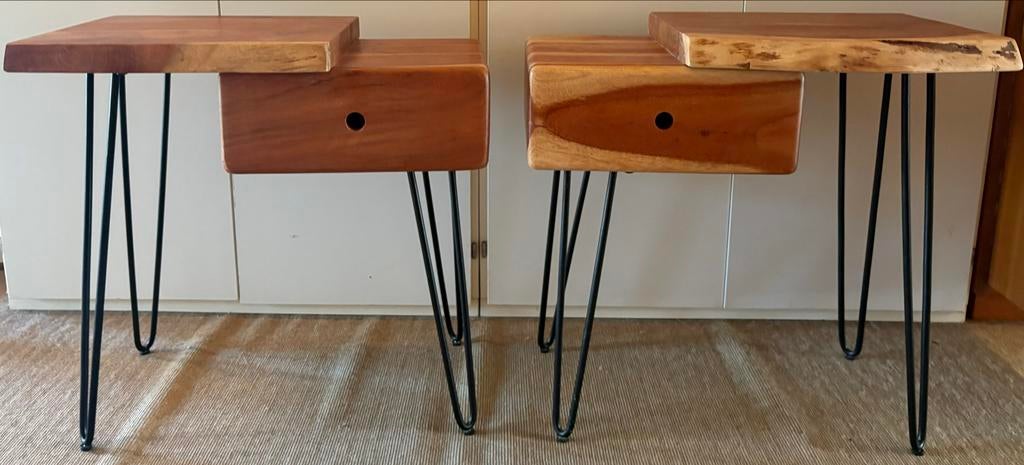 Acacia houten nachtkasjes met lade, Minder dan 55 cm, Zo goed als nieuw, Rechthoekig, Hout