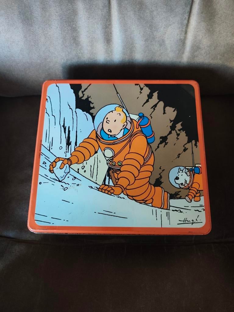 Vintage Tintin Maanreis Koektrommel, Ophalen of Verzenden, Gebruikt, Gebruiksvoorwerp