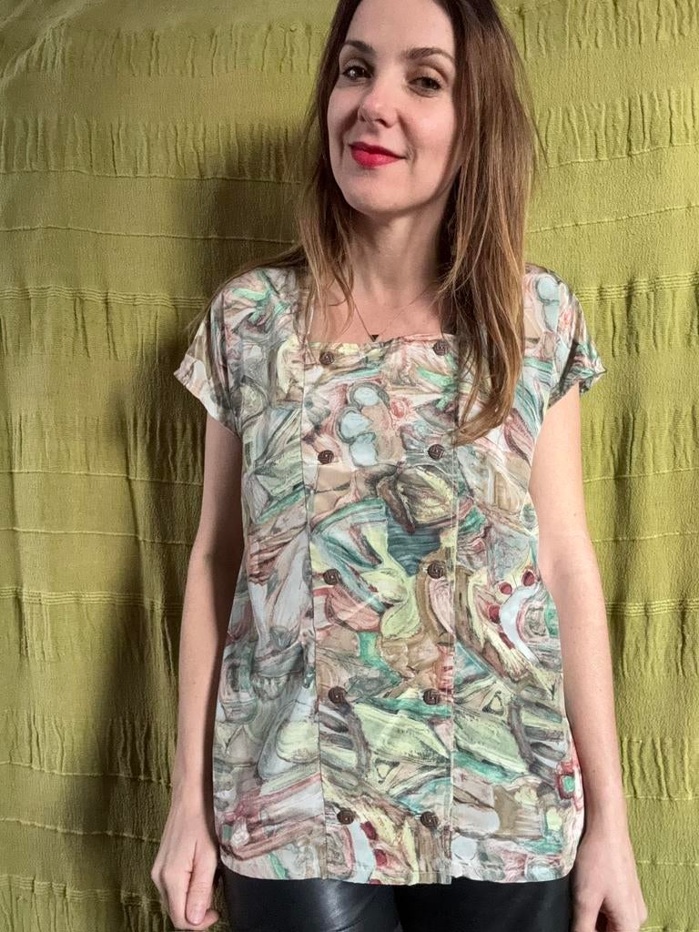 Vintage blouse/shirt - Jaren 90 - print - abstract, Hgv, Maat 42/44 (L), Ophalen of Verzenden, Gedragen