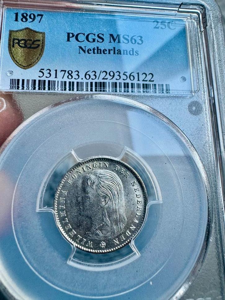 Zilveren 25 cent 1897 Koningin Wilhelmina PCGS MS63, Postzegels en Munten, Munten | Nederland, Losse munt, 25 cent, Koningin Wilhelmina