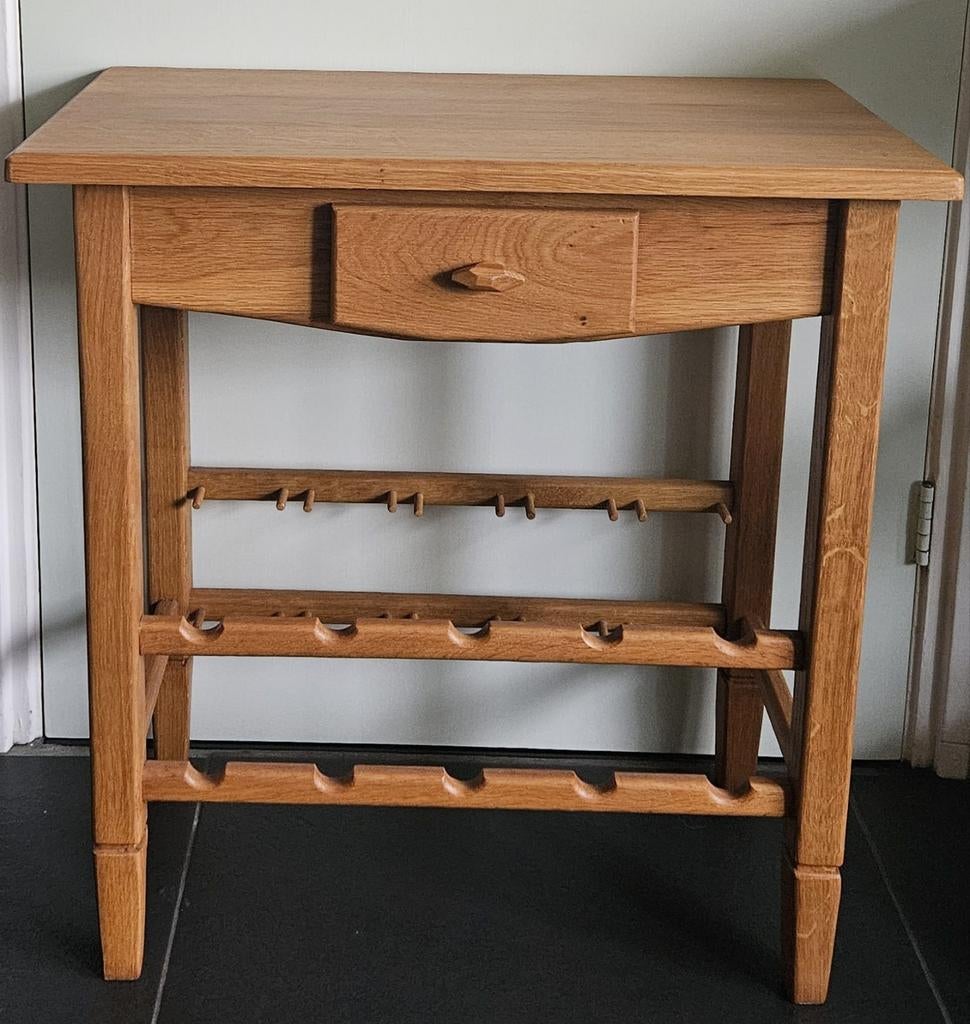 Eiken bijzettafel met lade en flessenrek, Ophalen, 50 tot 100 cm, Zo goed als nieuw, 25 tot 50 cm