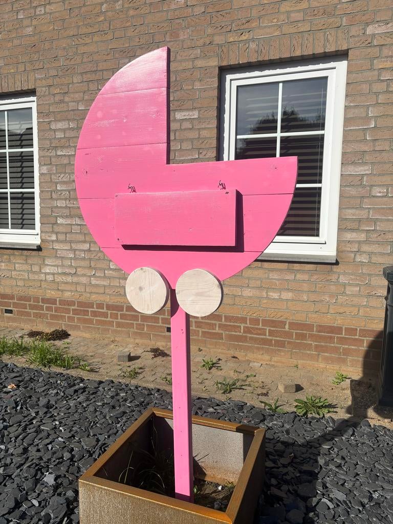 Roze houten geboortebord kinderwagen, Kinderen en Baby's, Kraamcadeaus en Geboorteborden, Ophalen, Gebruikt, Geboortebord