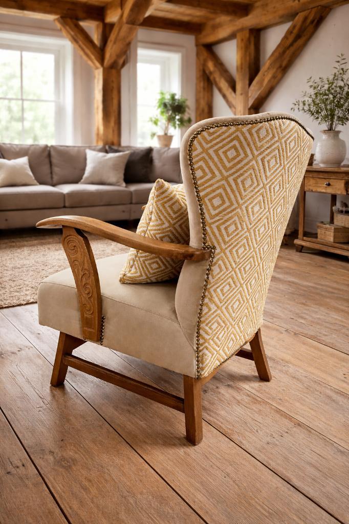 Landelijke fauteuil, Huis en Inrichting, Fauteuils, Nieuw, Hout, Stof, 50 tot 75 cm, 75 tot 100 cm, Ophalen